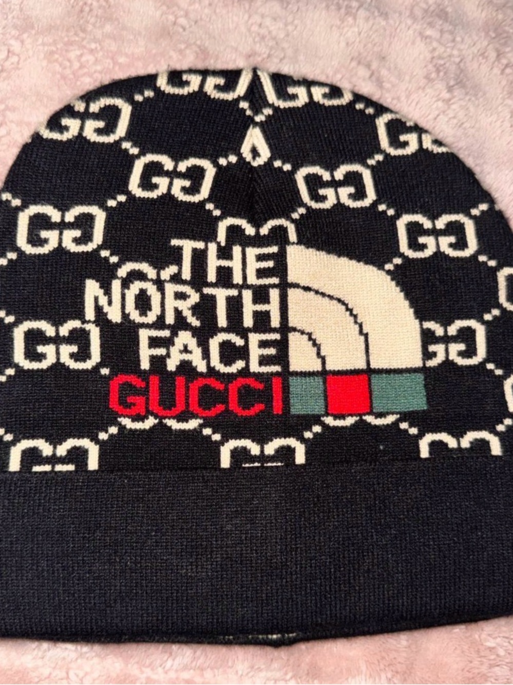 Gucci x The North Face Black Knit Beanie with White Logo and Red Accents